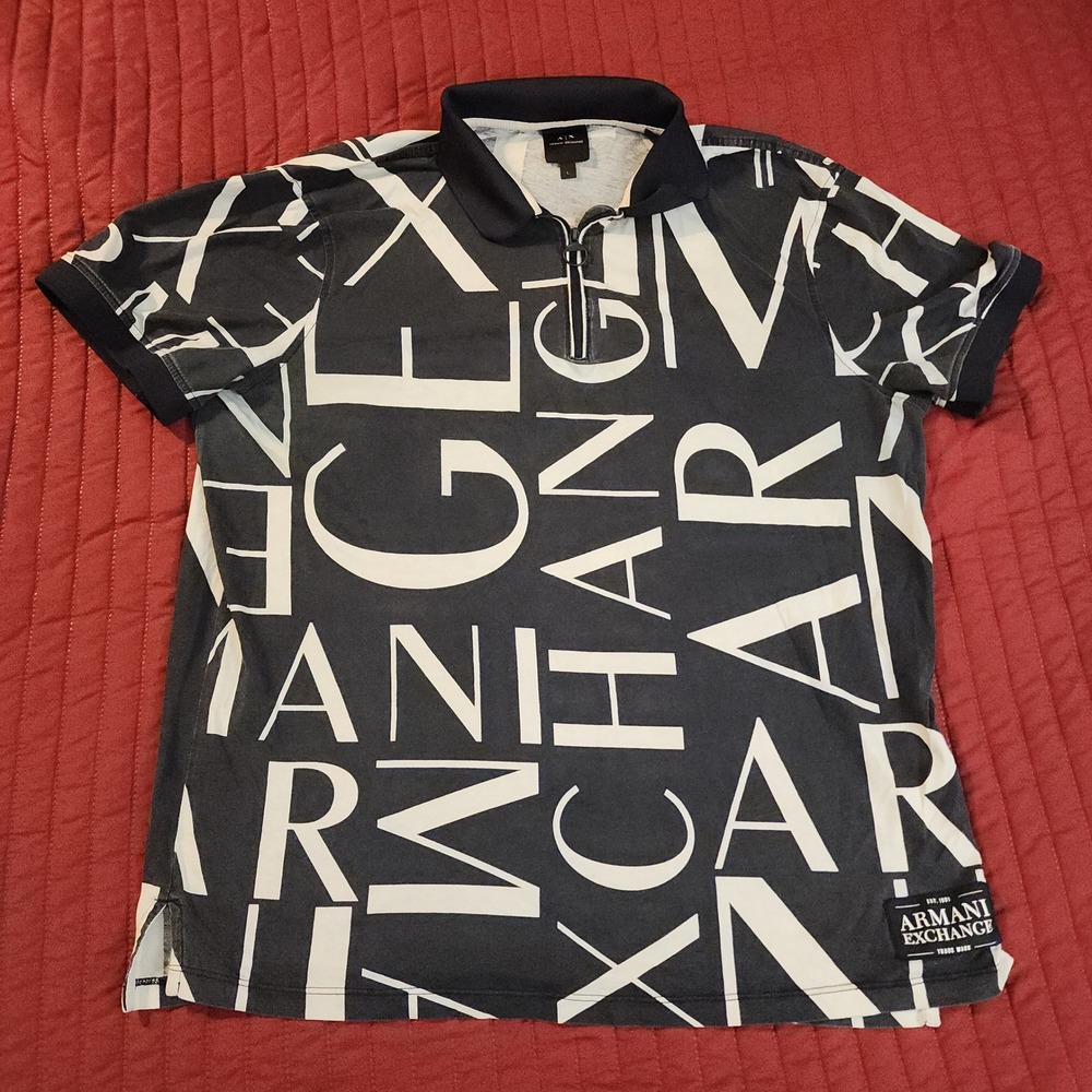 F13 Armani Exchange Mens Large Black White Logo Print Quarter Zip Polo Shirt